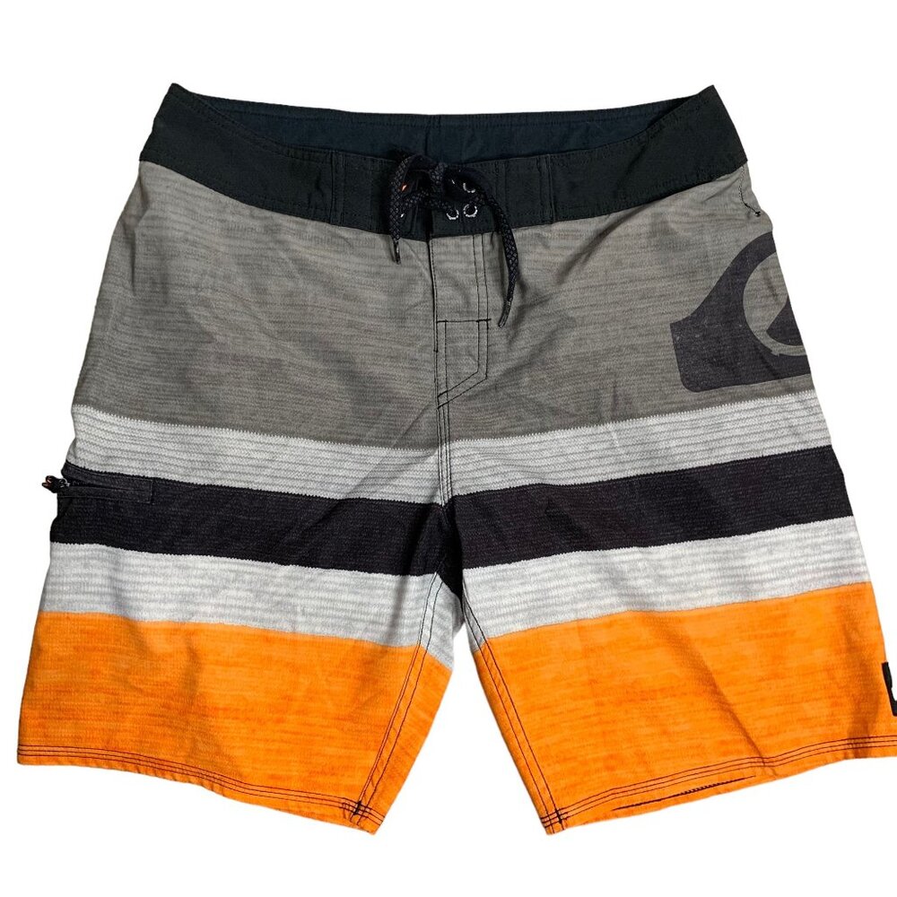 Quiksilver Board Shorts Swim Trunks 32 Grey Stripe Drawstring Hook Loop Pocket